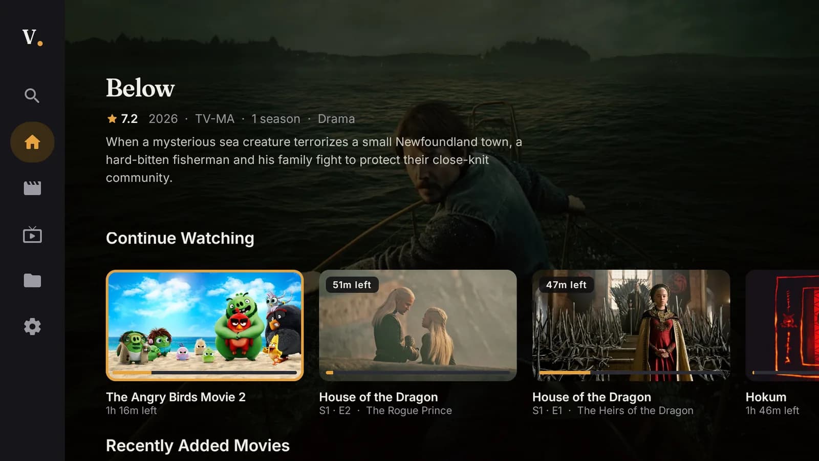 Veltoret home screen on Android TV with Continue Watching